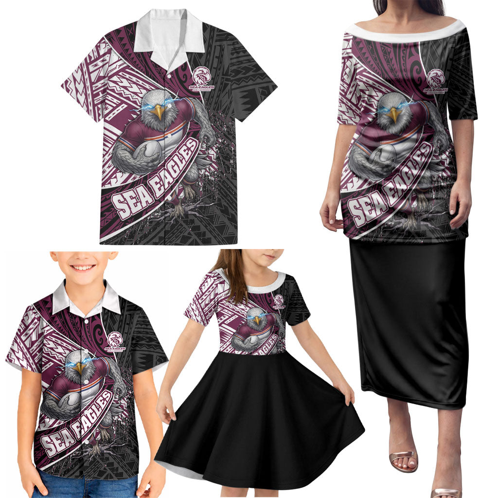 Manly Warringah Sea Eagles Rugby Mascot Family Matching Puletasi and Hawaiian Shirt Tribal Polynesian Power Art - Lightning Mascot