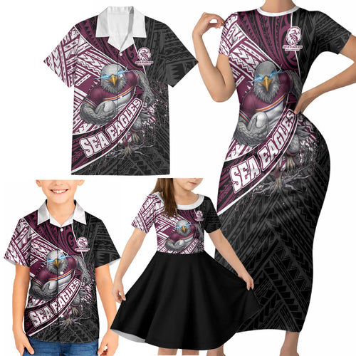 Manly Warringah Sea Eagles Rugby Mascot Family Matching Short Sleeve Bodycon Dress and Hawaiian Shirt Tribal Polynesian Power Art - Lightning Mascot