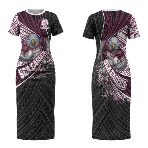 Manly Warringah Sea Eagles Rugby Mascot Family Matching Short Sleeve Bodycon Dress and Hawaiian Shirt Tribal Polynesian Power Art - Lightning Mascot