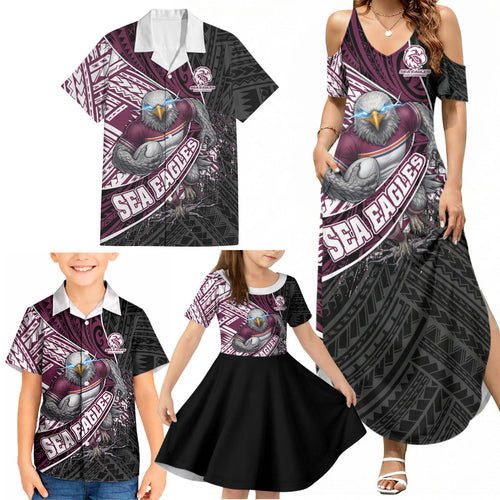 Manly Warringah Sea Eagles Rugby Mascot Family Matching Summer Maxi Dress and Hawaiian Shirt Tribal Polynesian Power Art - Lightning Mascot