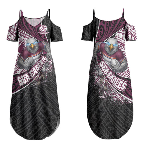 Manly Warringah Sea Eagles Rugby Mascot Family Matching Summer Maxi Dress and Hawaiian Shirt Tribal Polynesian Power Art - Lightning Mascot