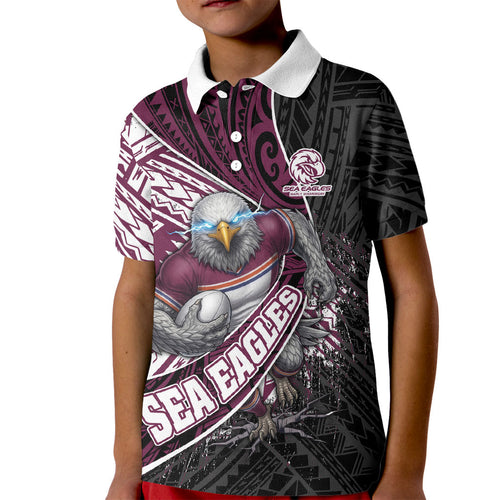 Manly Warringah Sea Eagles Rugby Mascot Kid Polo Shirt Tribal Polynesian Power Art - Lightning Mascot