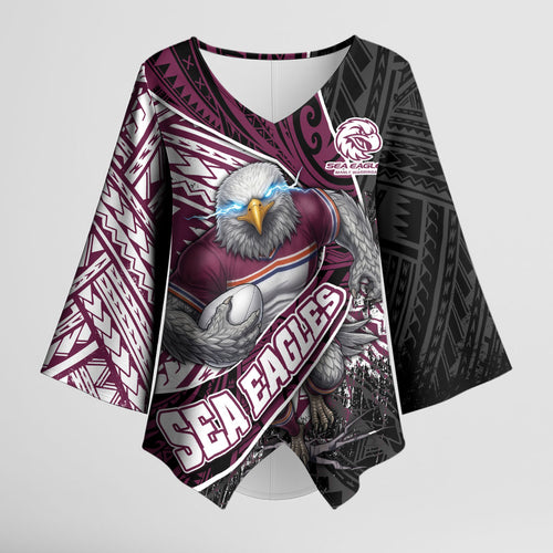 Manly Warringah Sea Eagles Rugby Mascot Kimono Sleeve Blouse Tribal Polynesian Power Art - Lightning Mascot
