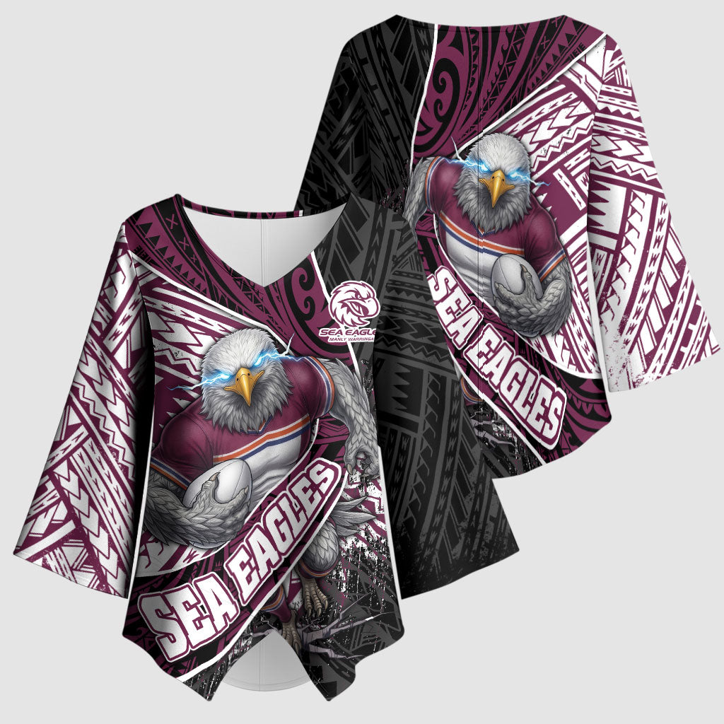 Manly Warringah Sea Eagles Rugby Mascot Kimono Sleeve Blouse Tribal Polynesian Power Art - Lightning Mascot