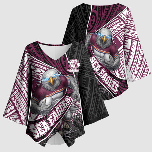 Manly Warringah Sea Eagles Rugby Mascot Kimono Sleeve Blouse Tribal Polynesian Power Art - Lightning Mascot
