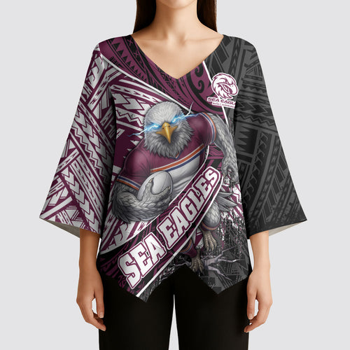 Manly Warringah Sea Eagles Rugby Mascot Kimono Sleeve Blouse Tribal Polynesian Power Art - Lightning Mascot