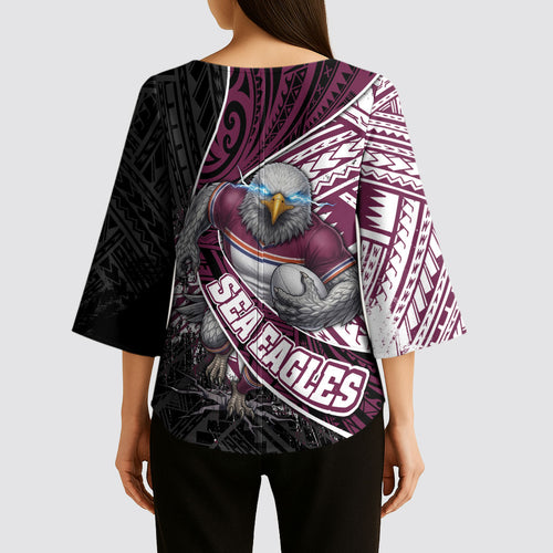 Manly Warringah Sea Eagles Rugby Mascot Kimono Sleeve Blouse Tribal Polynesian Power Art - Lightning Mascot