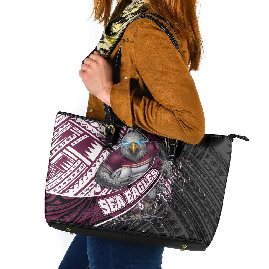 Manly Warringah Sea Eagles Rugby Mascot Leather Tote Bag Tribal Polynesian Power Art - Lightning Mascot
