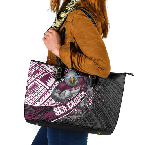Manly Warringah Sea Eagles Rugby Mascot Leather Tote Bag Tribal Polynesian Power Art - Lightning Mascot