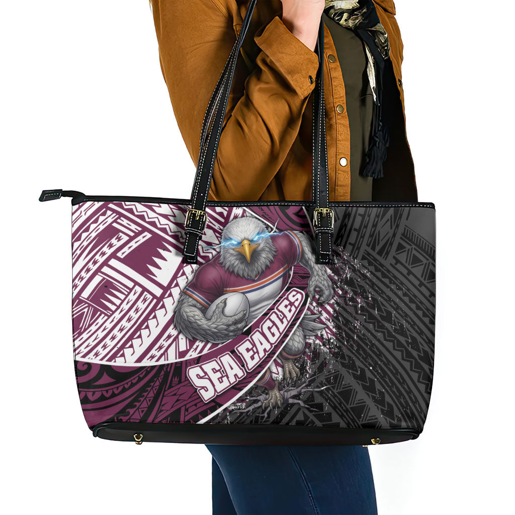 Manly Warringah Sea Eagles Rugby Mascot Leather Tote Bag Tribal Polynesian Power Art - Lightning Mascot