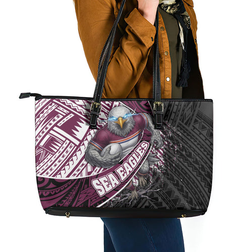 Manly Warringah Sea Eagles Rugby Mascot Leather Tote Bag Tribal Polynesian Power Art - Lightning Mascot