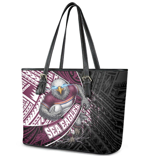 Manly Warringah Sea Eagles Rugby Mascot Leather Tote Bag Tribal Polynesian Power Art - Lightning Mascot