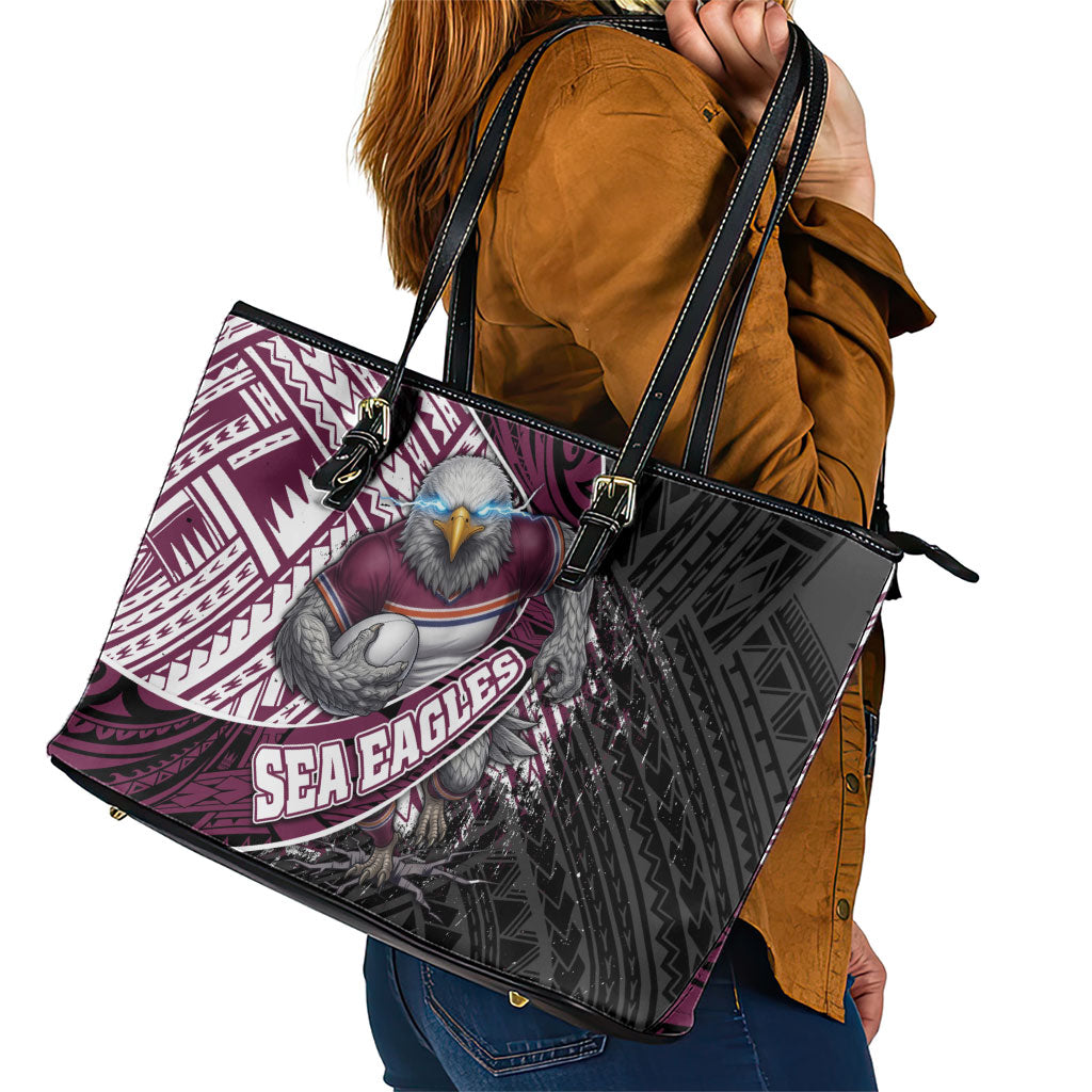 Manly Warringah Sea Eagles Rugby Mascot Leather Tote Bag Tribal Polynesian Power Art - Lightning Mascot