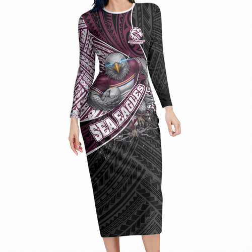 Manly Warringah Sea Eagles Rugby Mascot Long Sleeve Bodycon Dress Tribal Polynesian Power Art - Lightning Mascot