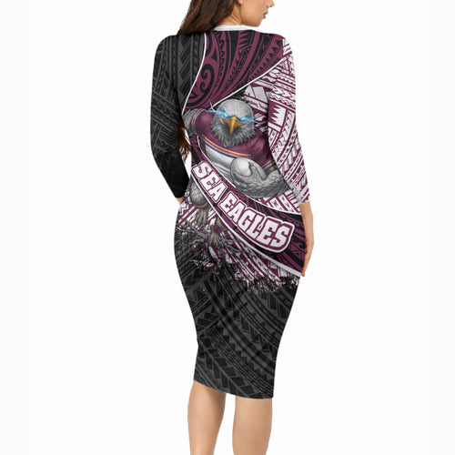 Manly Warringah Sea Eagles Rugby Mascot Long Sleeve Bodycon Dress Tribal Polynesian Power Art - Lightning Mascot