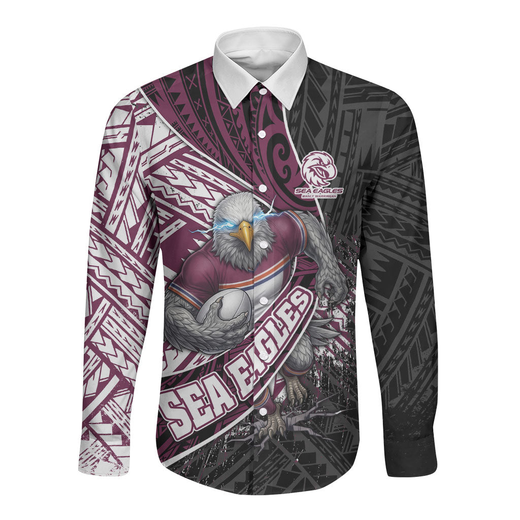 Manly Warringah Sea Eagles Rugby Mascot Long Sleeve Button Shirt Tribal Polynesian Power Art - Lightning Mascot