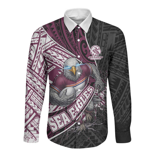 Manly Warringah Sea Eagles Rugby Mascot Long Sleeve Button Shirt Tribal Polynesian Power Art - Lightning Mascot