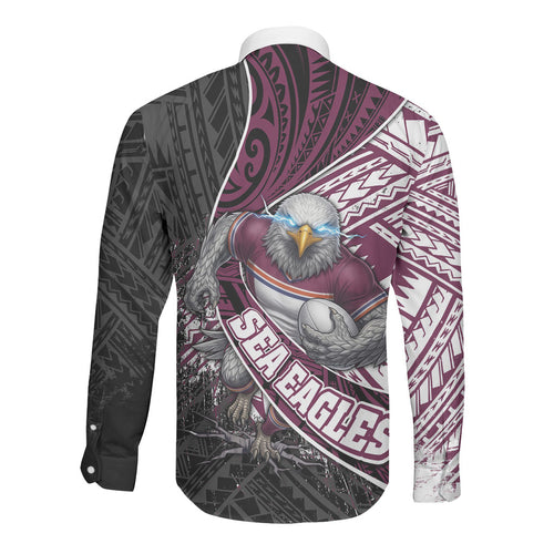 Manly Warringah Sea Eagles Rugby Mascot Long Sleeve Button Shirt Tribal Polynesian Power Art - Lightning Mascot