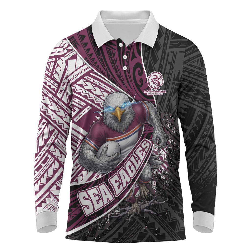 Manly Warringah Sea Eagles Rugby Mascot Long Sleeve Polo Shirt Tribal Polynesian Power Art - Lightning Mascot