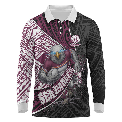 Manly Warringah Sea Eagles Rugby Mascot Long Sleeve Polo Shirt Tribal Polynesian Power Art - Lightning Mascot
