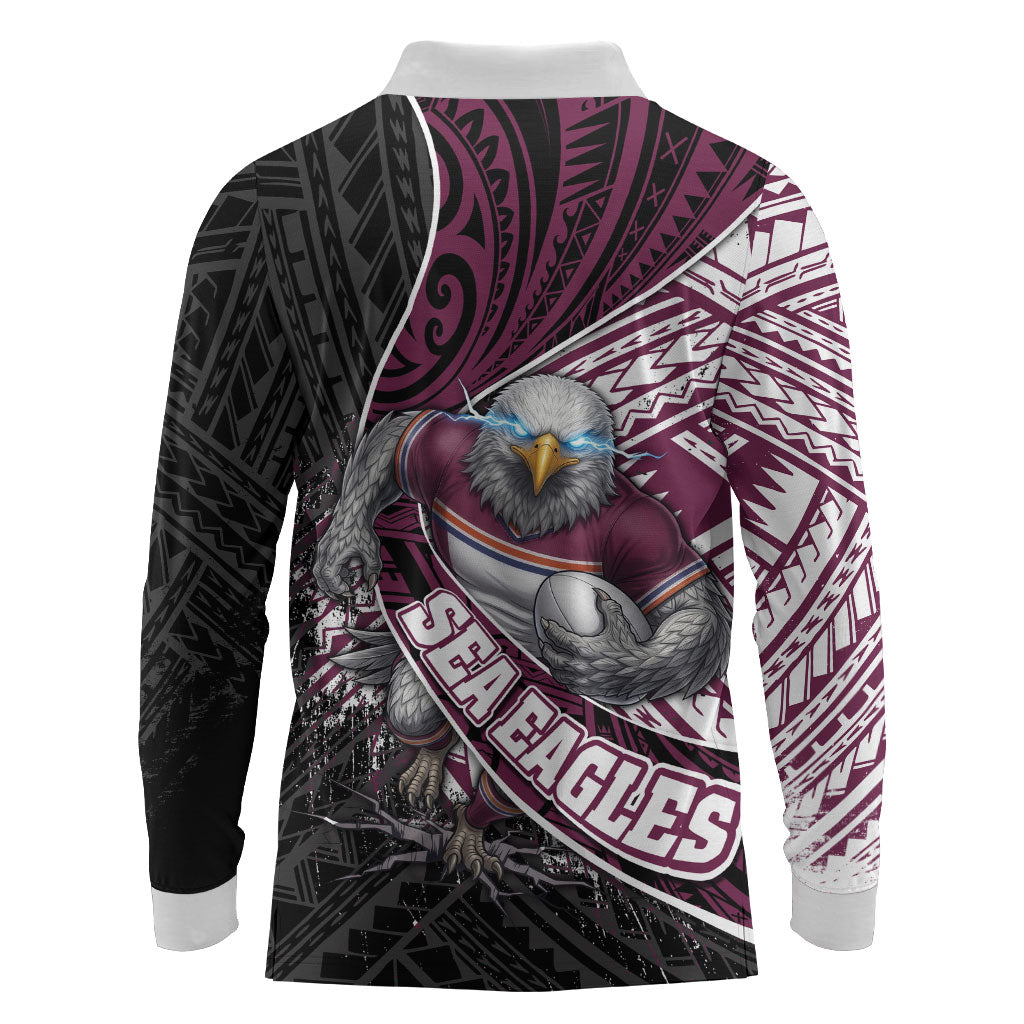 Manly Warringah Sea Eagles Rugby Mascot Long Sleeve Polo Shirt Tribal Polynesian Power Art - Lightning Mascot