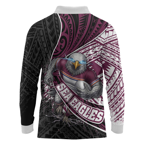 Manly Warringah Sea Eagles Rugby Mascot Long Sleeve Polo Shirt Tribal Polynesian Power Art - Lightning Mascot