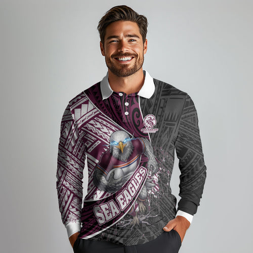 Manly Warringah Sea Eagles Rugby Mascot Long Sleeve Polo Shirt Tribal Polynesian Power Art - Lightning Mascot