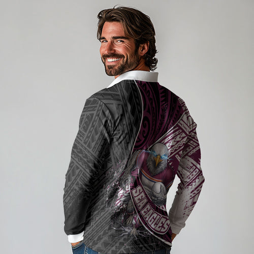 Manly Warringah Sea Eagles Rugby Mascot Long Sleeve Polo Shirt Tribal Polynesian Power Art - Lightning Mascot