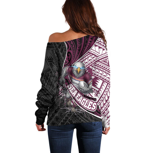 Manly Warringah Sea Eagles Rugby Mascot Off Shoulder Sweater Tribal Polynesian Power Art - Lightning Mascot