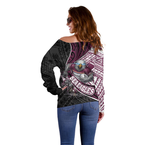 Manly Warringah Sea Eagles Rugby Mascot Off Shoulder Sweater Tribal Polynesian Power Art - Lightning Mascot