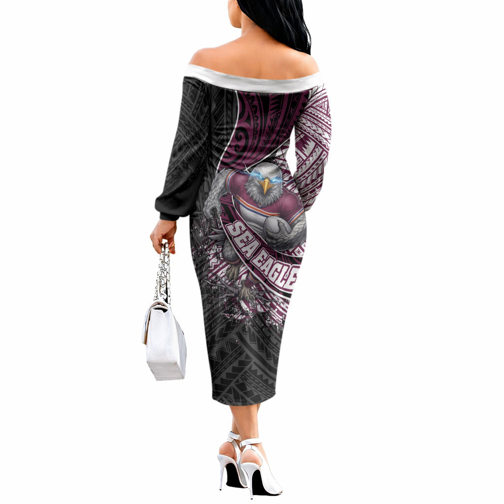Manly Warringah Sea Eagles Rugby Mascot Off The Shoulder Long Sleeve Dress Tribal Polynesian Power Art - Lightning Mascot
