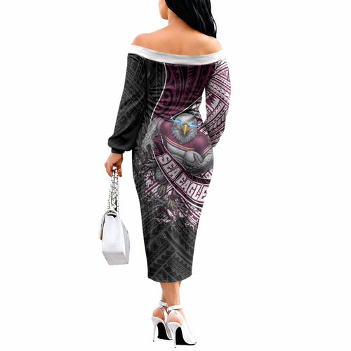 Manly Warringah Sea Eagles Rugby Mascot Off The Shoulder Long Sleeve Dress Tribal Polynesian Power Art - Lightning Mascot