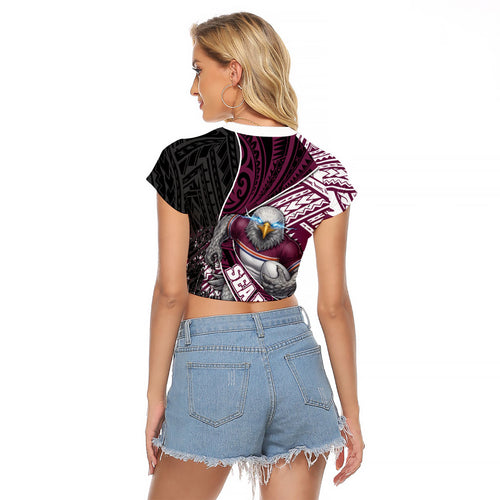 Manly Warringah Sea Eagles Rugby Mascot Raglan Cropped T Shirt Tribal Polynesian Power Art - Lightning Mascot