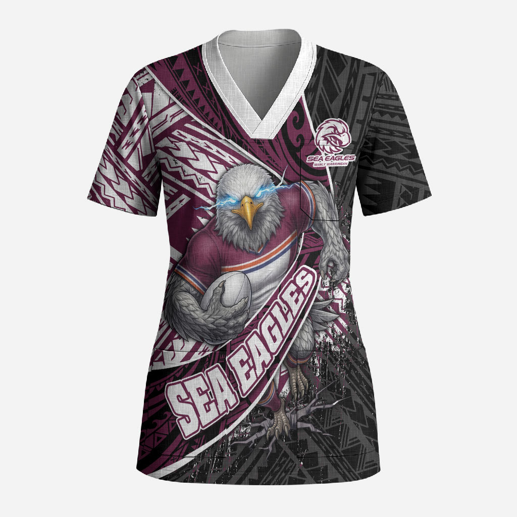Manly Warringah Sea Eagles Rugby Mascot Scrub Top Tribal Polynesian Power Art - Lightning Mascot