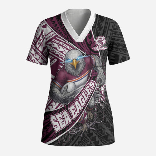 Manly Warringah Sea Eagles Rugby Mascot Scrub Top Tribal Polynesian Power Art - Lightning Mascot