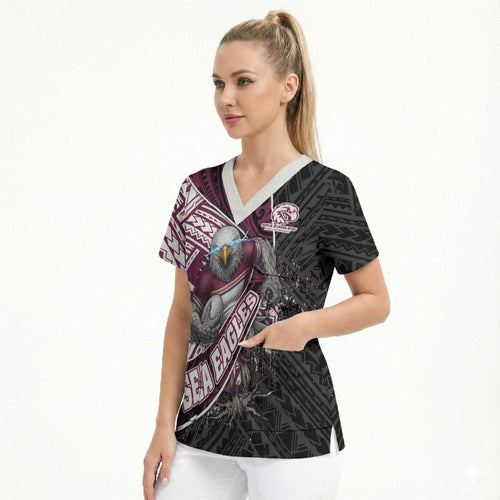 Manly Warringah Sea Eagles Rugby Mascot Scrub Top Tribal Polynesian Power Art - Lightning Mascot