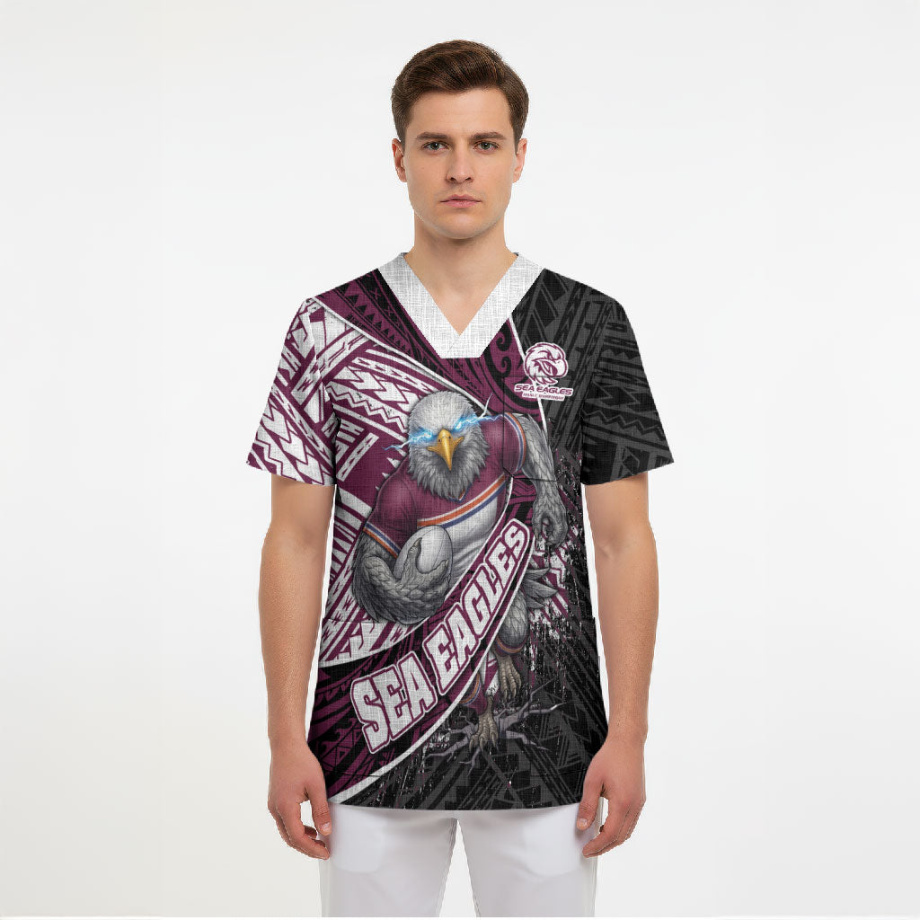 Manly Warringah Sea Eagles Rugby Mascot Scrub Top Tribal Polynesian Power Art - Lightning Mascot