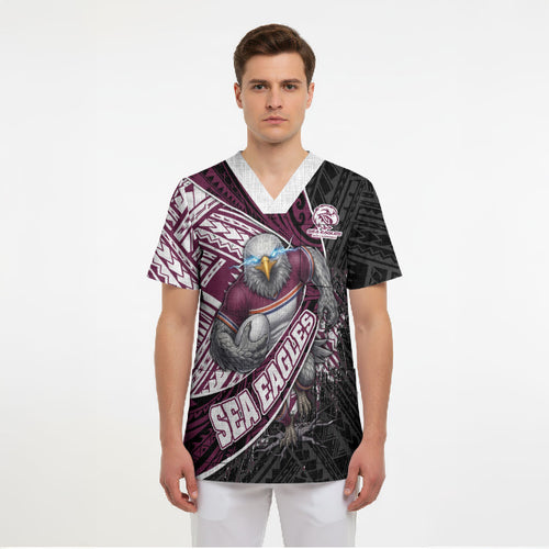 Manly Warringah Sea Eagles Rugby Mascot Scrub Top Tribal Polynesian Power Art - Lightning Mascot