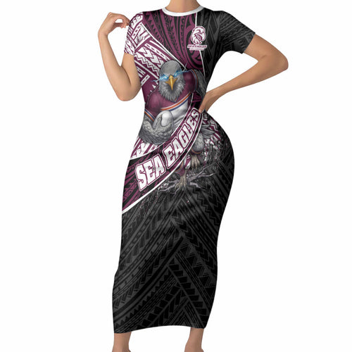 Manly Warringah Sea Eagles Rugby Mascot Short Sleeve Bodycon Dress Tribal Polynesian Power Art - Lightning Mascot