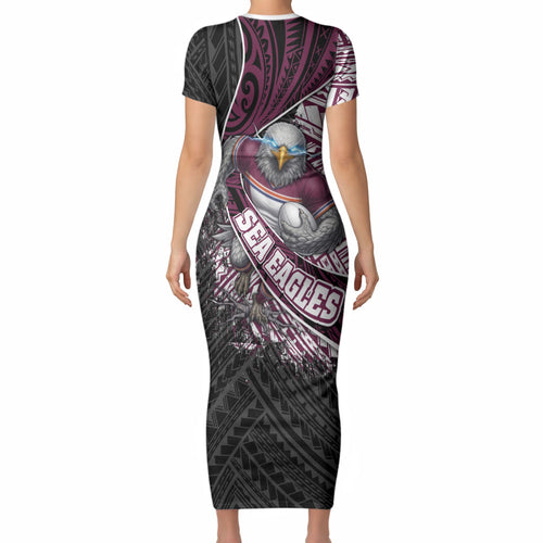 Manly Warringah Sea Eagles Rugby Mascot Short Sleeve Bodycon Dress Tribal Polynesian Power Art - Lightning Mascot