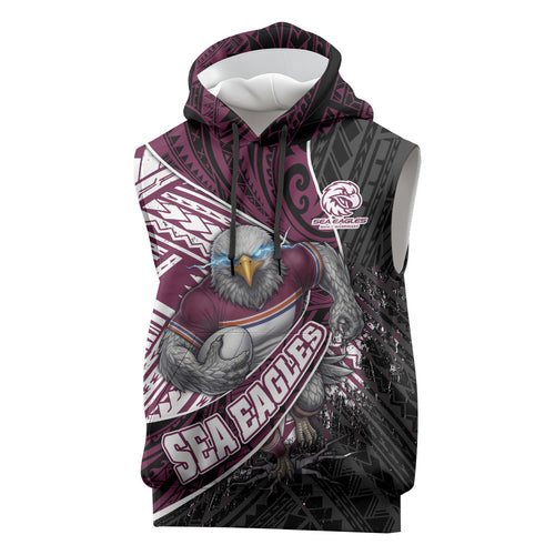 Manly Warringah Sea Eagles Rugby Mascot Sleeveless Hoodie Tribal Polynesian Power Art - Lightning Mascot