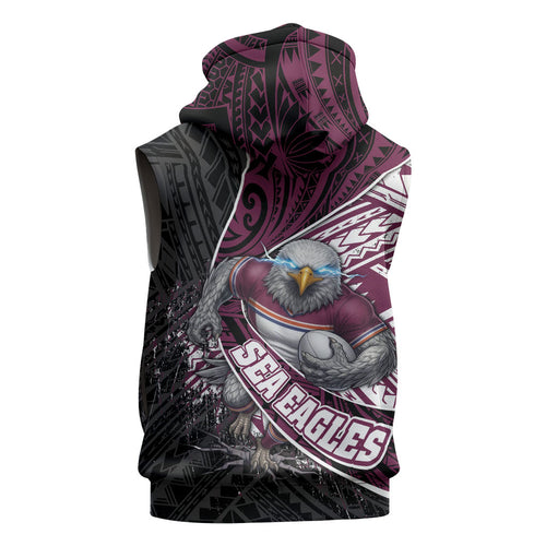 Manly Warringah Sea Eagles Rugby Mascot Sleeveless Hoodie Tribal Polynesian Power Art - Lightning Mascot