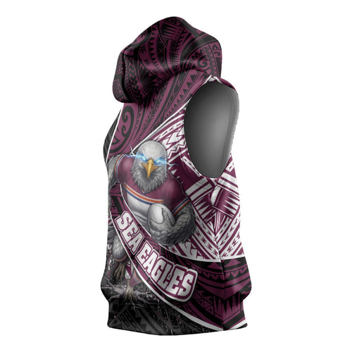 Manly Warringah Sea Eagles Rugby Mascot Sleeveless Hoodie Tribal Polynesian Power Art - Lightning Mascot