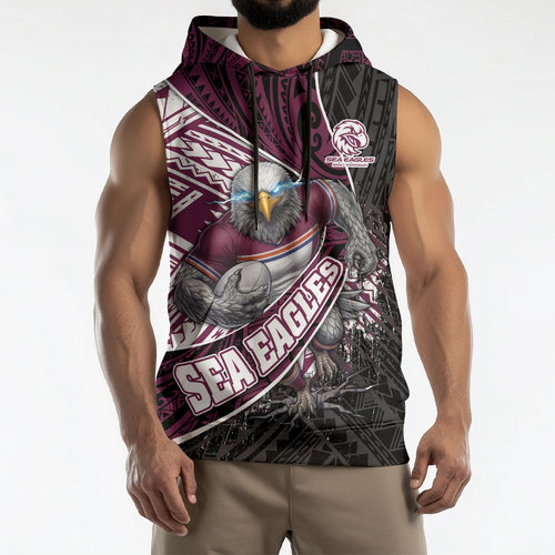 Manly Warringah Sea Eagles Rugby Mascot Sleeveless Hoodie Tribal Polynesian Power Art - Lightning Mascot