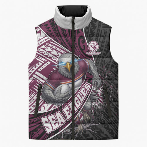 Manly Warringah Sea Eagles Rugby Mascot Sleeveless Puffer Jacket Tribal Polynesian Power Art - Lightning Mascot