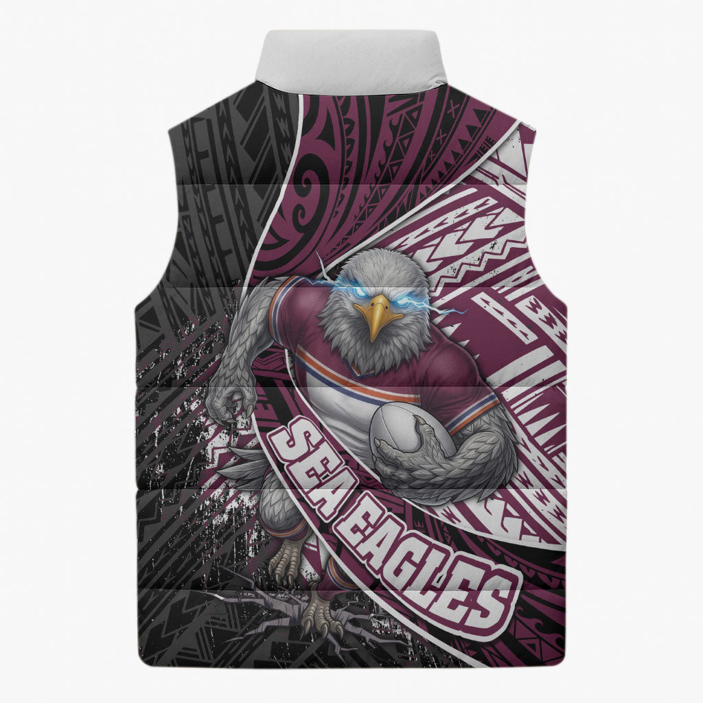 Manly Warringah Sea Eagles Rugby Mascot Sleeveless Puffer Jacket Tribal Polynesian Power Art - Lightning Mascot