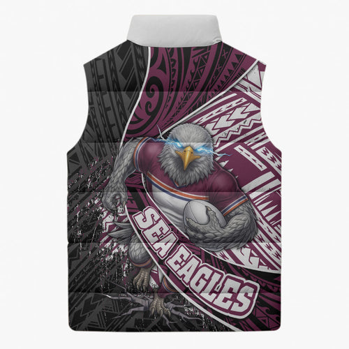 Manly Warringah Sea Eagles Rugby Mascot Sleeveless Puffer Jacket Tribal Polynesian Power Art - Lightning Mascot