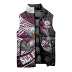 Manly Warringah Sea Eagles Rugby Mascot Sleeveless Puffer Jacket Tribal Polynesian Power Art - Lightning Mascot