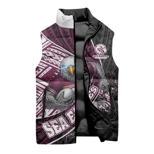 Manly Warringah Sea Eagles Rugby Mascot Sleeveless Puffer Jacket Tribal Polynesian Power Art - Lightning Mascot