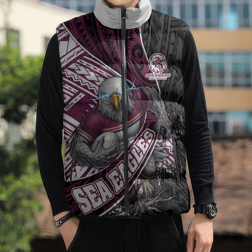 Manly Warringah Sea Eagles Rugby Mascot Sleeveless Puffer Jacket Tribal Polynesian Power Art - Lightning Mascot